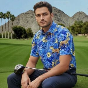 Birdie Bound Men’s Golf Polo Shirt Blue Leopard Print Performance Stretch Size M